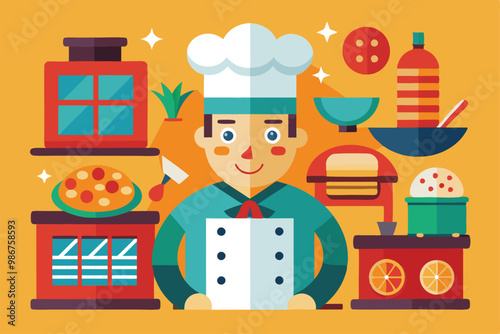 A cheerful pizza maker stands in a colorful kitchen surrounded by various cooking tools and ingredients, Customizable flat illustration of a pizza maker