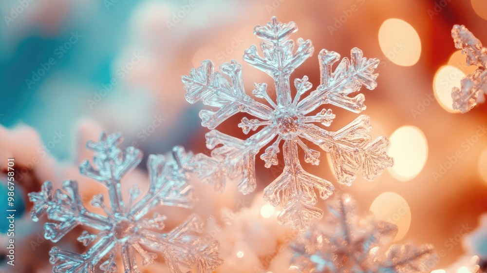 Close-up of delicate snowflakes against a colorful bokeh background, capturing the beauty of winter's natural artistry.