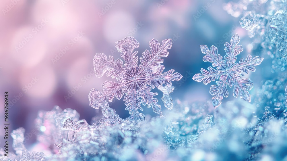 Captivating close-up of delicate snowflakes on a shimmering blue and pink background, showcasing the beauty of winter's magic. Captivating close-up of delicate snowflakes on a shimmering blue and pink background, showcasing the beauty of winter's magic.