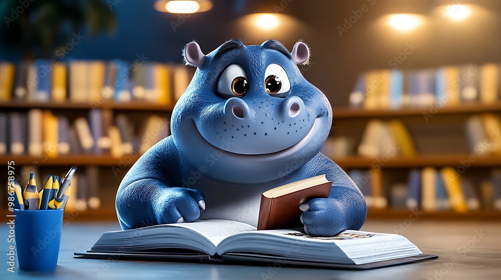 Cute Hippo Enjoying a Story in a Cozy Library Setting Cute Hippo Enjoying a Story in a Cozy Library Setting