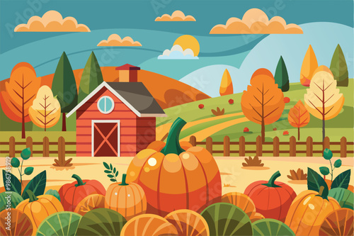 Explore a vibrant pumpkin patch featuring a barn surrounded by autumn trees and clear skies, Customizable flat illustration of a pumpkin patch.