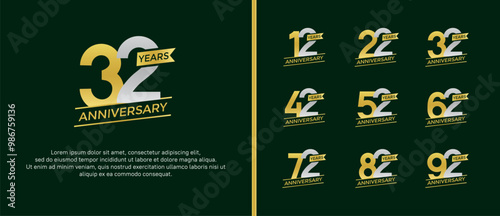 set of anniversary logo flat yellow and silver color on green background for celebration moment photo