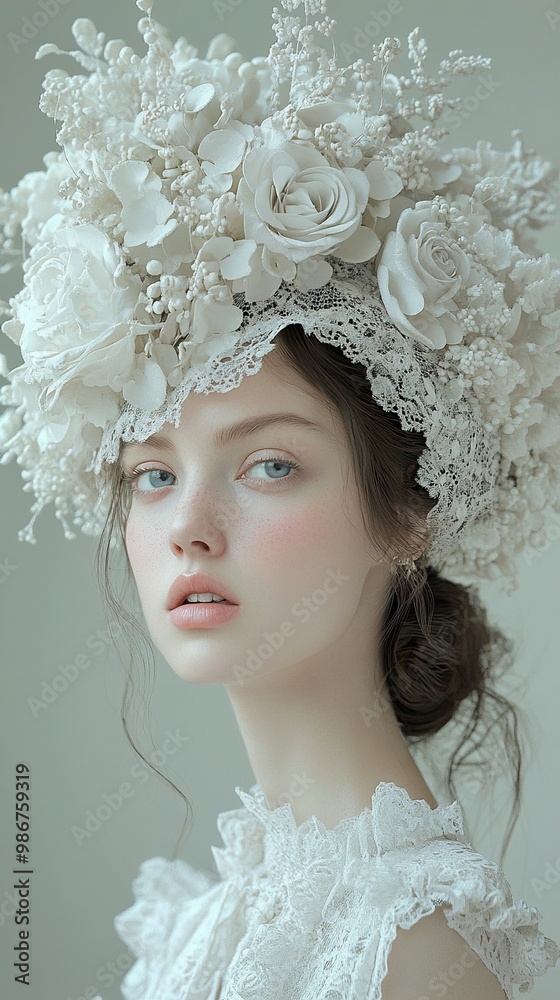 Elegant Woman in White Floral Crown and Lace Dress - Portrait Photography Elegant Woman in White Floral Crown and Lace Dress - Portrait Photography