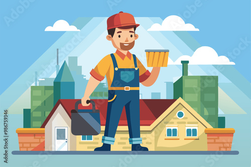 A roofer stands proudly with tools in hand, overseeing a residential area under a clear blue sky, Customizable flat illustration of a roofer
