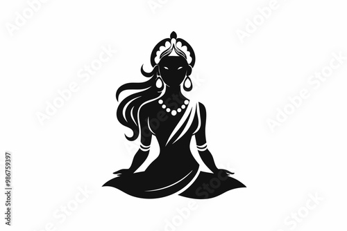 Radha Black Silhouette Vector Illustration, Hindu Goddess Icon Design.