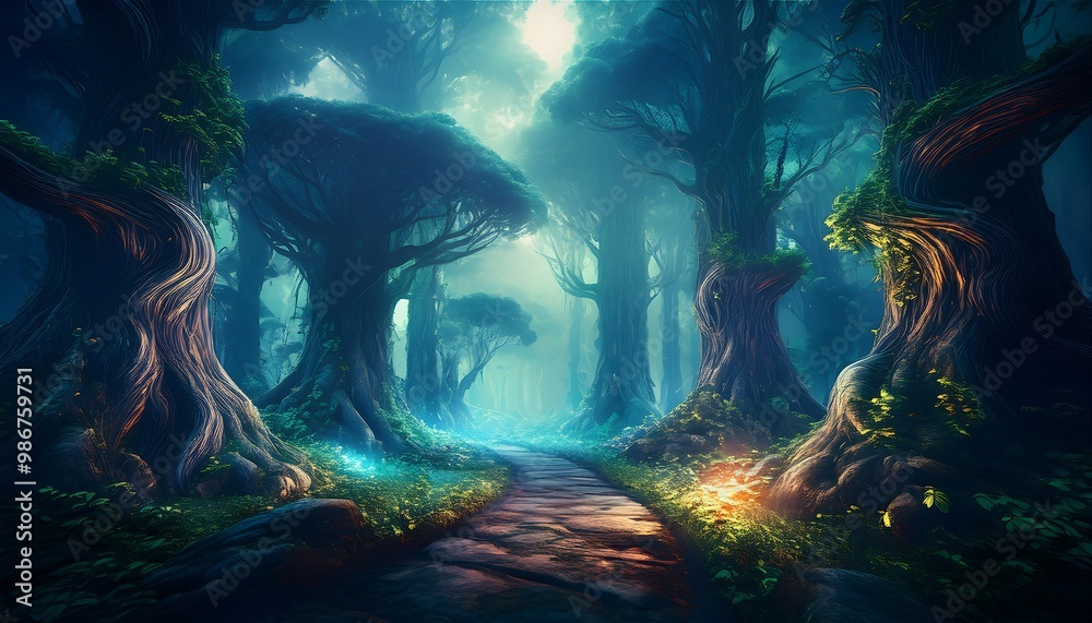 Fototapeta premium A winding path through a mysterious, moonlit forest with tall trees and glowing lights.