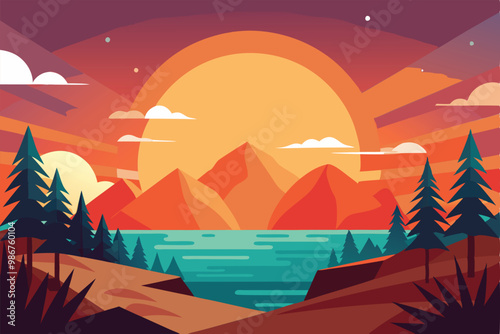 The artwork showcases a vibrant sunrise illuminating mountains beside a serene lake, surrounded by trees, Customizable flat illustration of a sunrise.