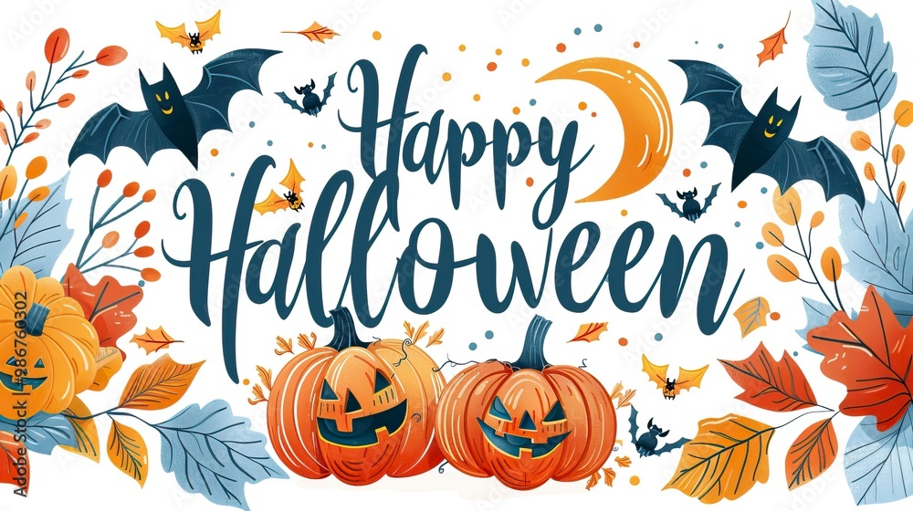 Happy Halloween Banner with Text and banner decoration with Halloween elements such as pumpkin, bats, spider, spider web, ant, witch and black cat Happy Halloween Banner with Text and banner decoration with Halloween elements such as pumpkin, bats, spider, spider web, ant, witch and black cat