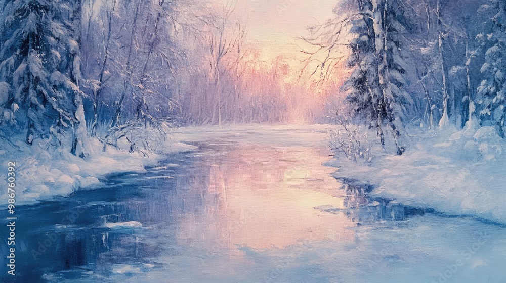 A serene winter landscape featuring a frozen river surrounded by snow-covered trees and a pastel-colored sky at dawn. A serene winter landscape featuring a frozen river surrounded by snow-covered trees and a pastel-colored sky at dawn.