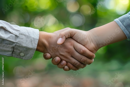 Closeup image of two business people shaking hands in a cafe.