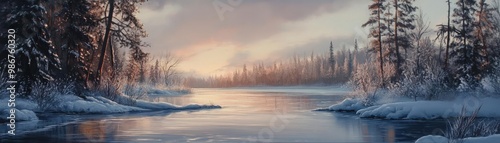 Serene winter landscape featuring a reflective river surrounded by snow-covered trees under a soft morning light.