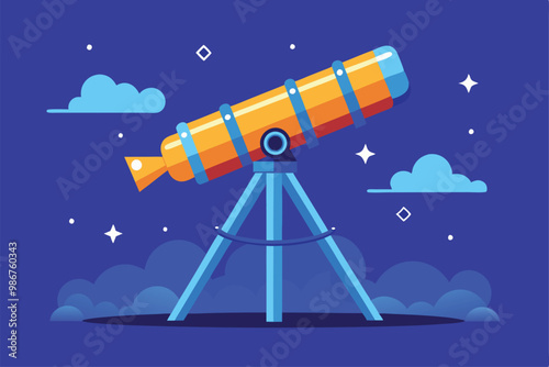 A colorful telescope is set up to observe stars in a dark, cloud-filled sky at night, Customizable flat illustration of a telescope.