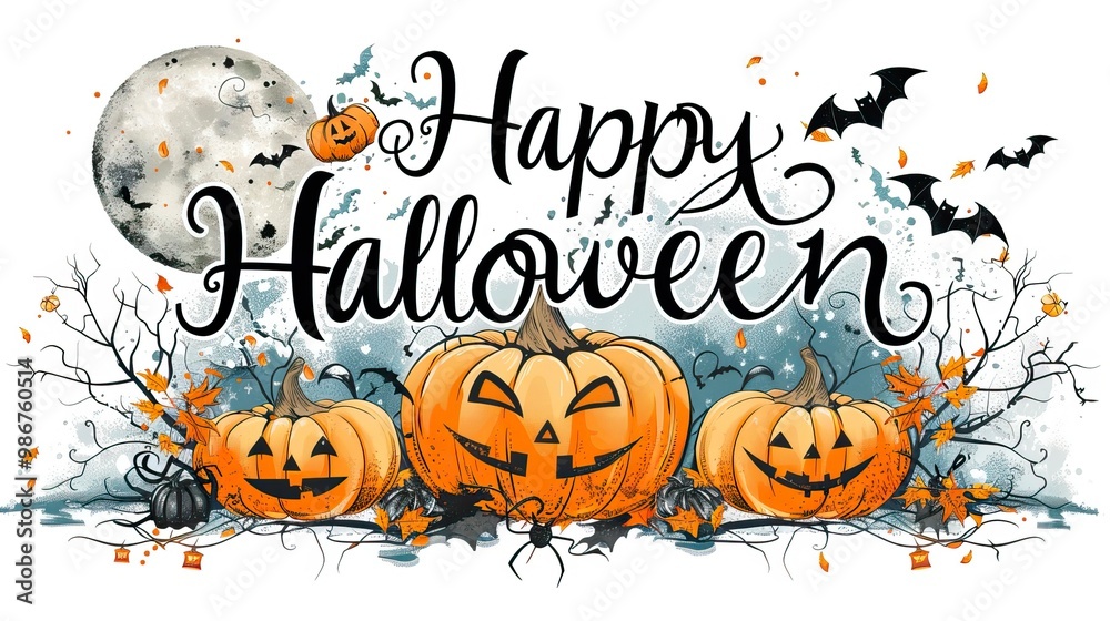 Happy Halloween Banner with Text and banner decoration with Halloween elements such as pumpkin, bats, spider, spider web, ant, witch and black cat Happy Halloween Banner with Text and banner decoration with Halloween elements such as pumpkin, bats, spider, spider web, ant, witch and black cat