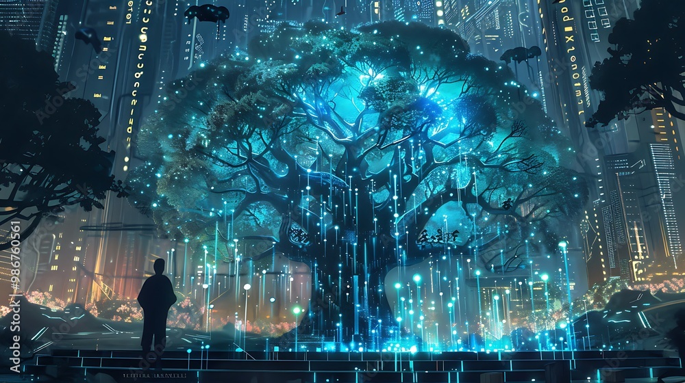 Obraz premium Large tree with glowing blue lights growing in a futuristic city at night, a person is silhouetted against the glowing tree