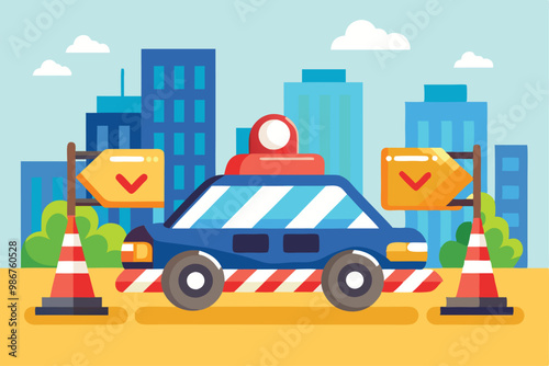 A traffic violation is illustrated with a police car and warning signs in an urban landscape, Customizable flat illustration of a traffic fine.