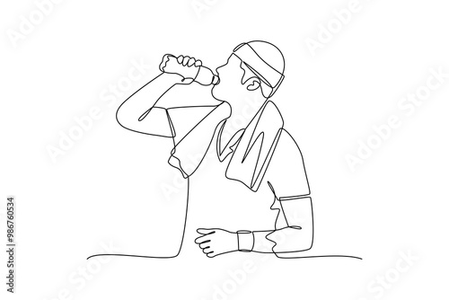 Continuous one line drawing of young sporty man drinking water after training minimalist design