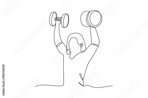 Continuous line drawing of strong woman lifting barbell during fitness training. Girl exercise lifting weights in gym fitness center.