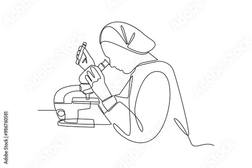 Continuous one line drawing of scientist using microscope in laboratory. One line drawing illustration of scientist with microscope. World science day concept line art.
