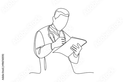Continuous line drawing of a doctor reading a medical report with a stethoscope around his neck
