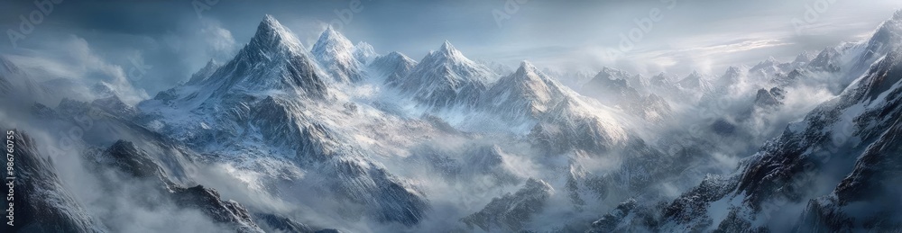 Majestic mountain range covered in snow, surrounded by ethereal clouds, showcasing nature's beauty and grandeur. Majestic mountain range covered in snow, surrounded by ethereal clouds, showcasing nature's beauty and grandeur.