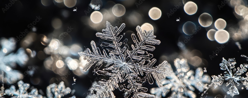 Close-up of a delicate snowflake against a blurred background, showcasing intricate patterns and shimmering details in winter. Close-up of a delicate snowflake against a blurred background, showcasing intricate patterns and shimmering details in winter.