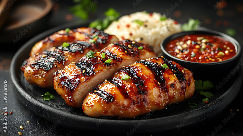 Grilled chicken fillets served with rice and spicy sauce on a dark rustic plate, perfect for food lovers and culinary enthusiasts.