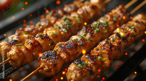 Grilled chicken skewers with spices and herbs, perfect for barbecues and outdoor gatherings. photo