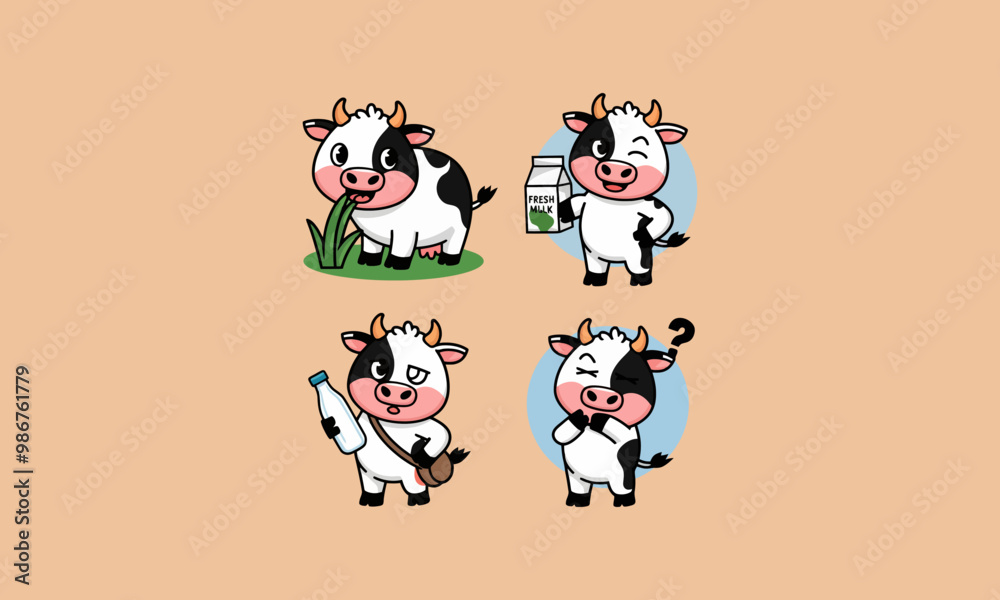 Cute cartoon cows with milk and grass in different poses. Cute cartoon cows with milk and grass in different poses.