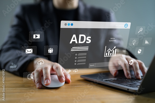 Digital marketing commerce, business online sale concept. People use laptop to advertise on the website. Planning, advertising marketing strategies, target social media native, ads, advertisers.