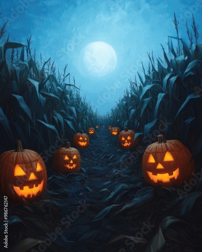 A winding path through a cornfield is illuminated by carved jack-o'-lanterns under a glowing full moon, creating an eerie Halloween atmosphere.