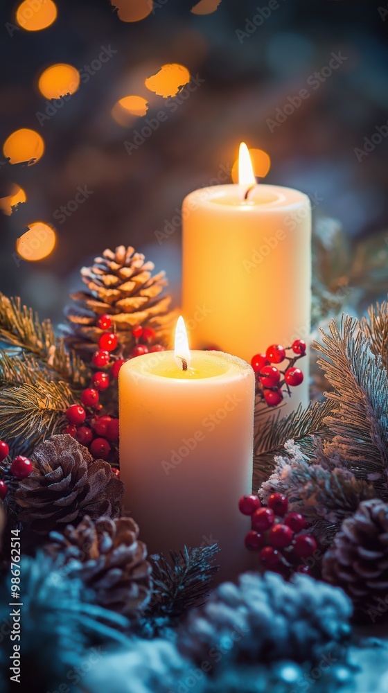 Cozy Winter Candles With Pinecones and Red Berries Amid Holiday Decorations Cozy Winter Candles With Pinecones and Red Berries Amid Holiday Decorations