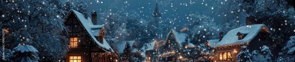 A peaceful winter night scene with snow-covered houses, glowing windows, and falling snowflakes, creating a cozy atmosphere. A peaceful winter night scene with snow-covered houses, glowing windows, and falling snowflakes, creating a cozy atmosphere.