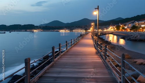 Evening stroll along a wooden pier with coastal seascape and bokeh lights illuminating a charming small town photo