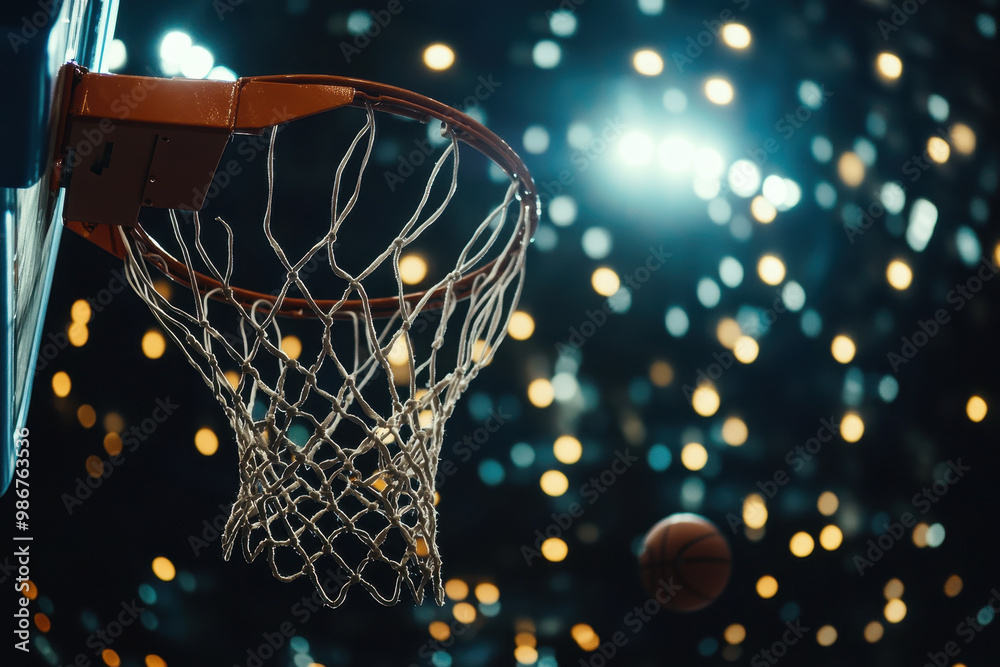 Basketball hoop under stadium lights with ball approaching the net Basketball hoop under stadium lights with ball approaching the net