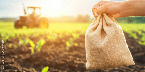 Hand holding a burlap sack with tractor and young crops in sunny field background photo