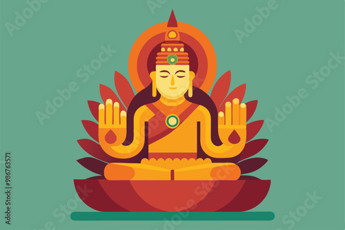 Buddha's hand is raised in a peaceful gesture surrounded by stylized lotus petals and vibrant colors, Customizable flat illustration of Buddha hand.