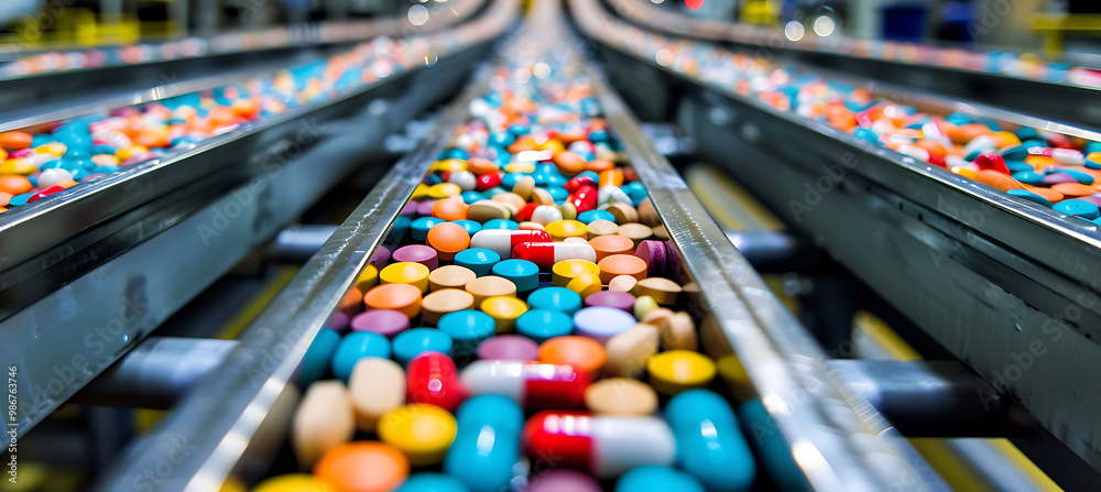 Futuristic smart manufacturing pharmaceuticals driven by AI where artificial intelligence automates production processes ensures quality control and optimizes supply chains