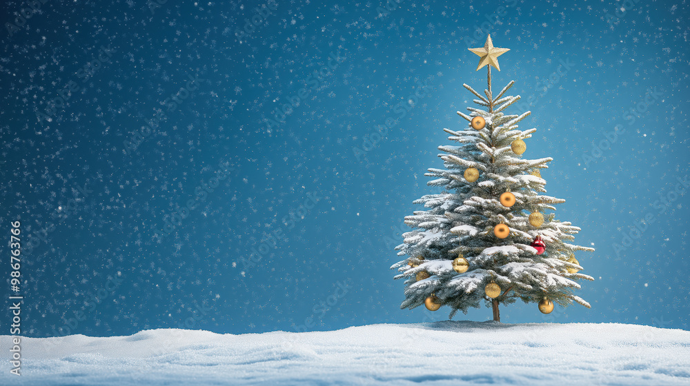 Snow Covered Christmas Tree in Winter Wonderland with Festive Decorations Snow Covered Christmas Tree in Winter Wonderland with Festive Decorations