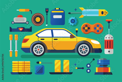 A colorful illustration depicts a car surrounded by a variety of tools and accessories for vehicle care, Customizable flat illustration of car accessories