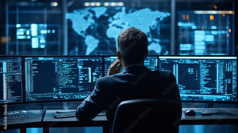 Man working on computer with a blurry world map and code on screen.