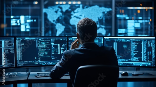 Man working on computer with a blurry world map and code on screen.