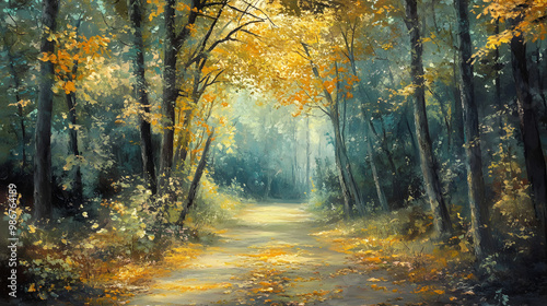 pathway through a tranquil forest where leaves fall rhythmically in the soft breeze, the colors of the foliage shifting between green and gold