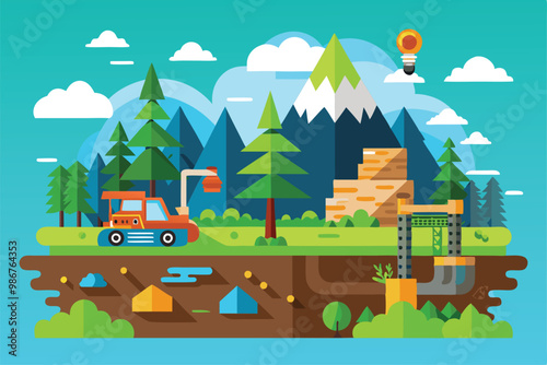 This illustration showcases deforestation in a forested region with a vehicle, mountains, and vegetation changes, Customizable flat illustration of deforestation