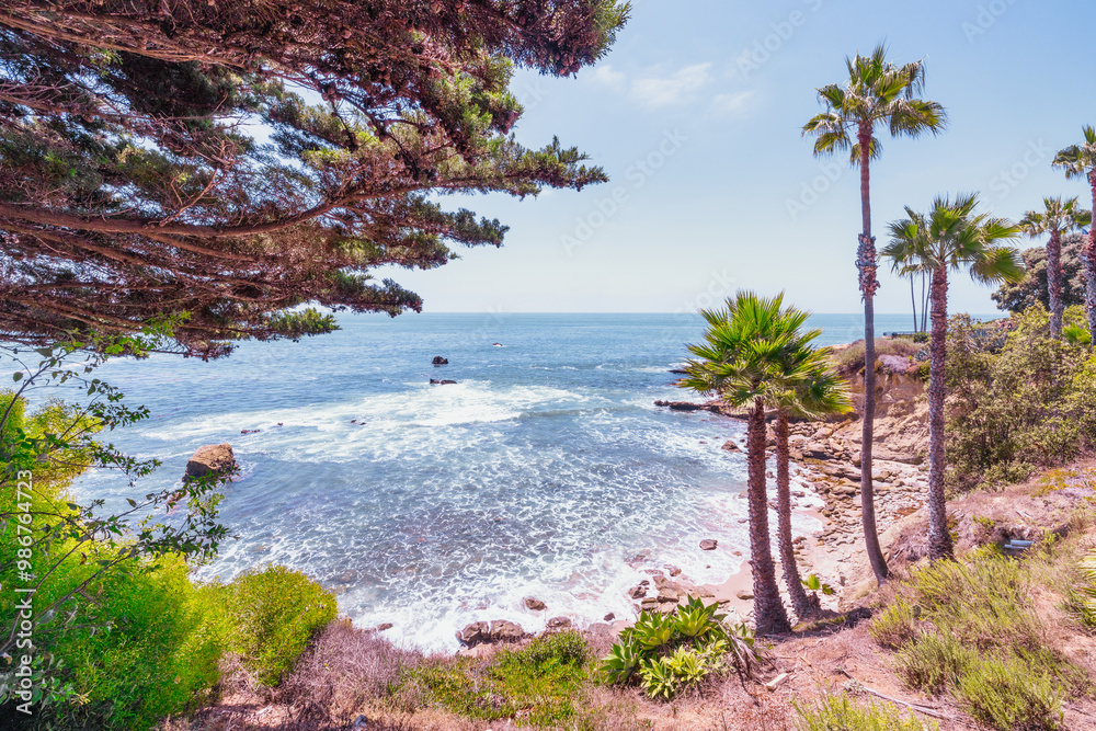 Beautiful landscape of Laguna Beach ocean coastline with palm trees in Treasure Island Park, Orange County, California, USA Beautiful landscape of Laguna Beach ocean coastline with palm trees in Treasure Island Park, Orange County, California, USA