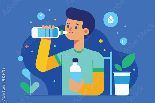 A young person enjoys drinking water from a bottle while surrounded by a lively indoor environment, Customizable flat illustration of drinking water.