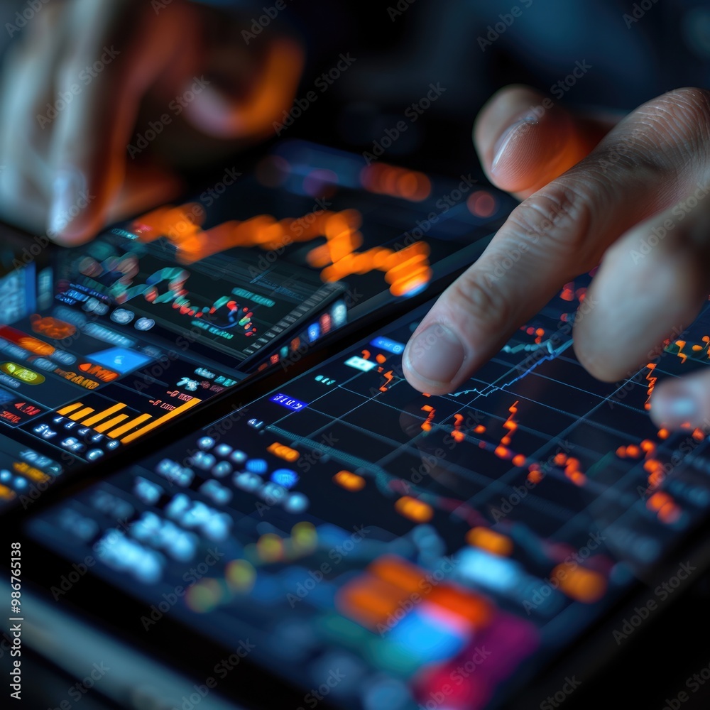 hands interacting with a smartphone and a tablet. The screen of the smartphone displays a colorful financial chart hands interacting with a smartphone and a tablet. The screen of the smartphone displays a colorful financial chart