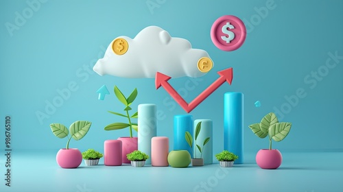 3D Marketing Growth icon set concept.  Profit graph of stock market indicator. Abstract stock data concept. Stock financial statistic graph analysis.