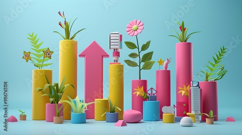 3D Marketing Growth icon set concept.  Profit graph of stock market indicator. Abstract stock data concept. Stock financial statistic graph analysis.