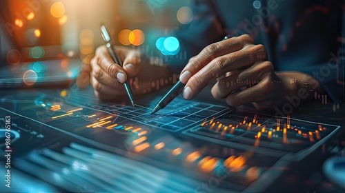  hands interacting with a smartphone and a tablet. The screen of the smartphone displays a colorful financial chart 
