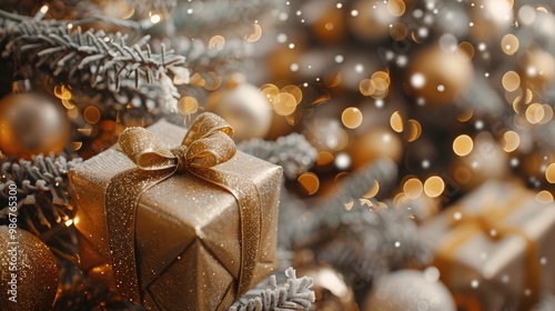 Sparkling Christmas greetings with a New Year's present tied with a shimmering gold ribbon against a festive background of ornate Christmas.